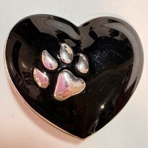 Paw Print Heart Black and Silver tone Brooch and pendant